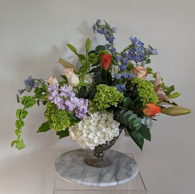 Pastel Garden Floral Arrangement in Mirrored Compote | Charlotte, NC